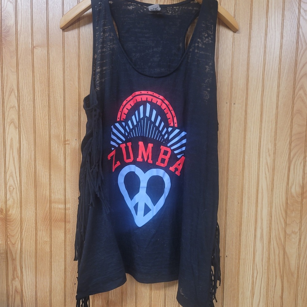 Zumba Wear Womens XXL Black Fringe Side Racerback Graphic Tank Top Peace Heart